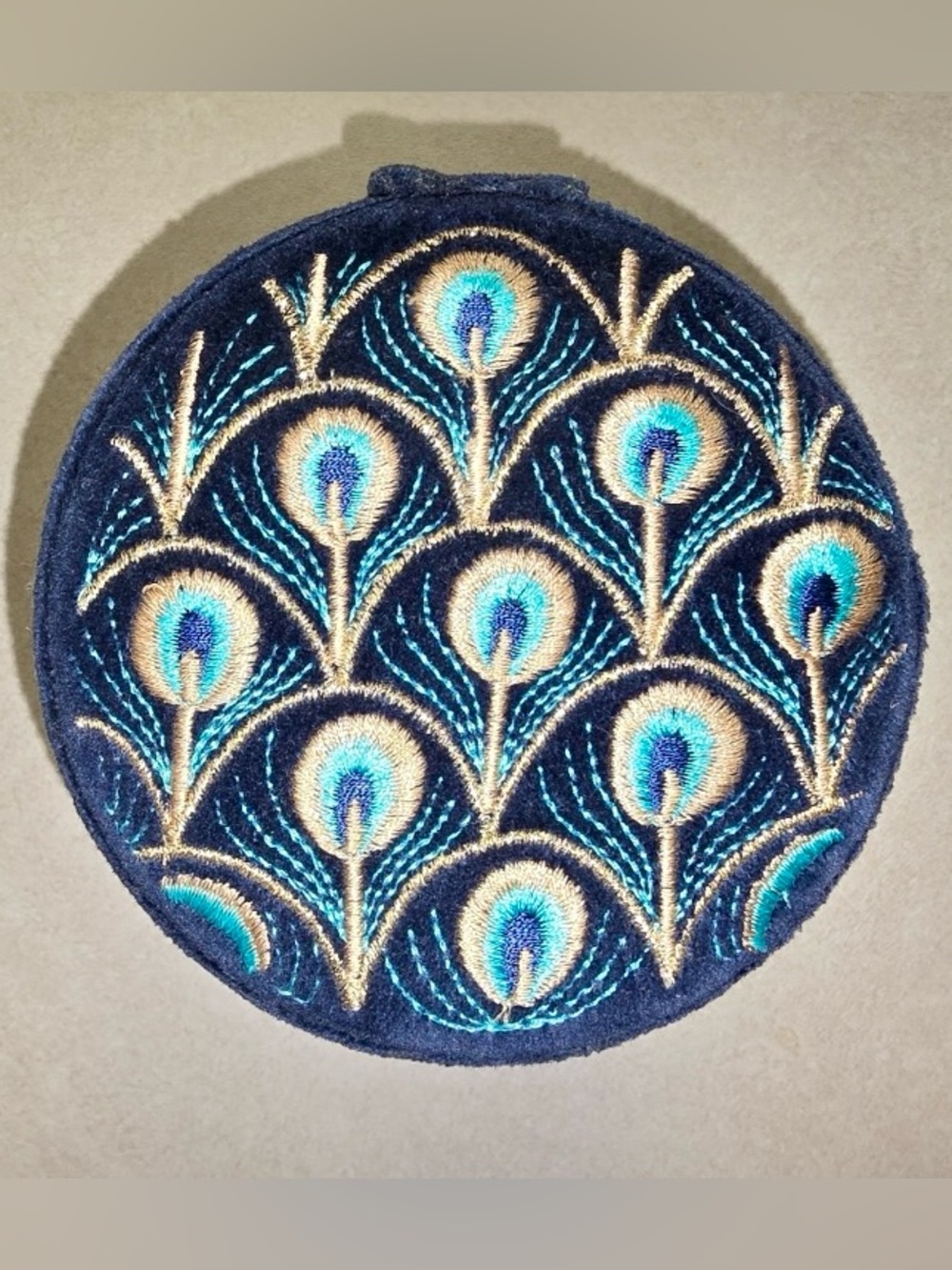 Embroidered Peacock Feather Round Pouch - Navy & Teal